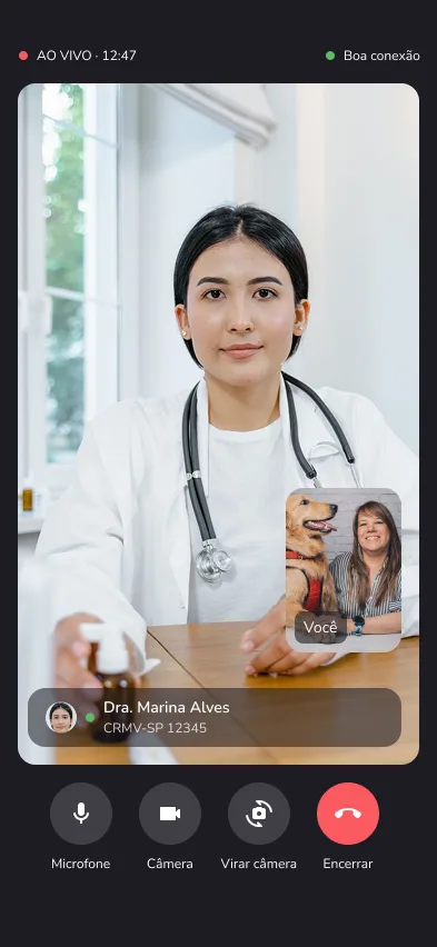 Tela da consulta por vídeo no app Yolki