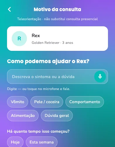 Tela do app Yolki para contar o motivo da consulta